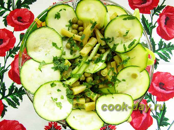 Салат "Зеленое счастье" из стручковой фасоли, цукини и консервированного горошка